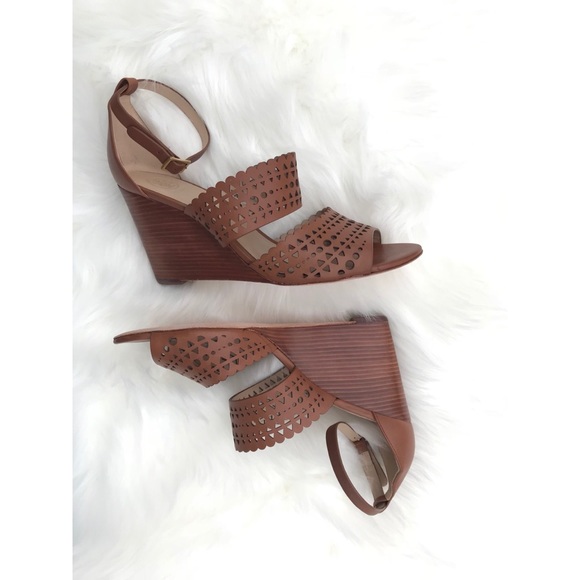 Tory Burch Perforated Brown Leather Wedge Sandals - Picture 2 of 8
